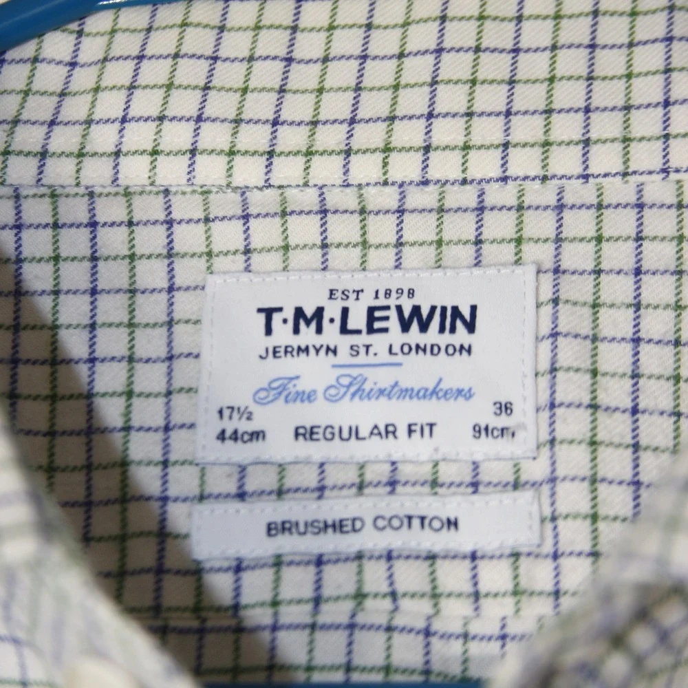 TM‎ Lewin Shirt Mens 17.5 White Blue Green Check Brushed Cotton Regular Fit